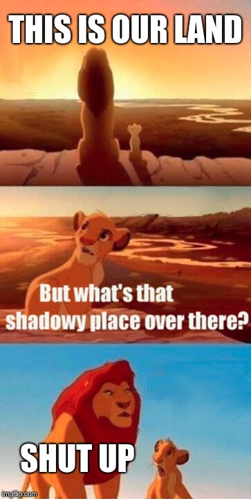 Simba Shadowy Place | THIS IS OUR LAND; SHUT UP | image tagged in memes,simba shadowy place | made w/ Imgflip meme maker