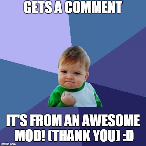 Success Kid Meme | GETS A COMMENT IT'S FROM AN AWESOME MOD! (THANK YOU) :D | image tagged in memes,success kid | made w/ Imgflip meme maker