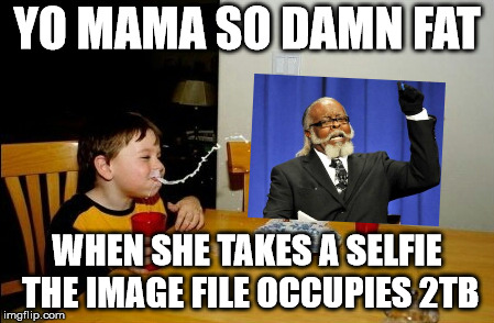 Her phone throws an error message: "Insufficient storage space" |  YO MAMA SO DAMN FAT; WHEN SHE TAKES A SELFIE THE IMAGE FILE OCCUPIES 2TB | image tagged in memes,yo mamas so fat,too damn high | made w/ Imgflip meme maker