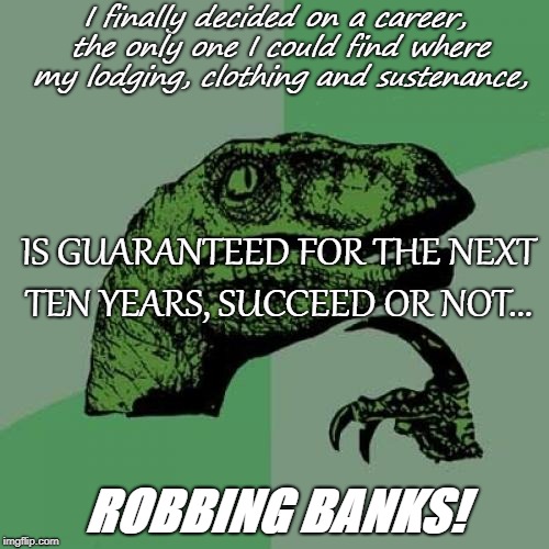 Philosoraptor Meme | I finally decided on a career, the only one I could find where my lodging, clothing and sustenance, IS GUARANTEED FOR THE NEXT TEN YEARS, SUCCEED OR NOT... ROBBING BANKS! | image tagged in memes,philosoraptor | made w/ Imgflip meme maker