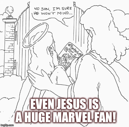Waiting like a true fan for Stan Lee to arrive... | EVEN JESUS IS A HUGE MARVEL FAN! | image tagged in stan lee,heaven,marvel,comic book | made w/ Imgflip meme maker
