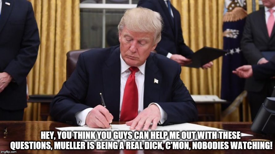 Meanwhile back at trump trying to answer Mueller's Questions! | HEY, YOU THINK YOU GUYS CAN HELP ME OUT WITH THESE QUESTIONS, MUELLER IS BEING A REAL DICK, C'MON, NOBODIES WATCHING! | image tagged in trump is a moron,stupid nixon,donald trump the clown,trump unfit unqualified dangerous,mueller time,mueller is coming | made w/ Imgflip meme maker