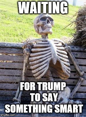 When Will Trump say something smart... | WAITING; FOR TRUMP TO SAY SOMETHING SMART | image tagged in memes,waiting skeleton,donald trump,funny memes | made w/ Imgflip meme maker