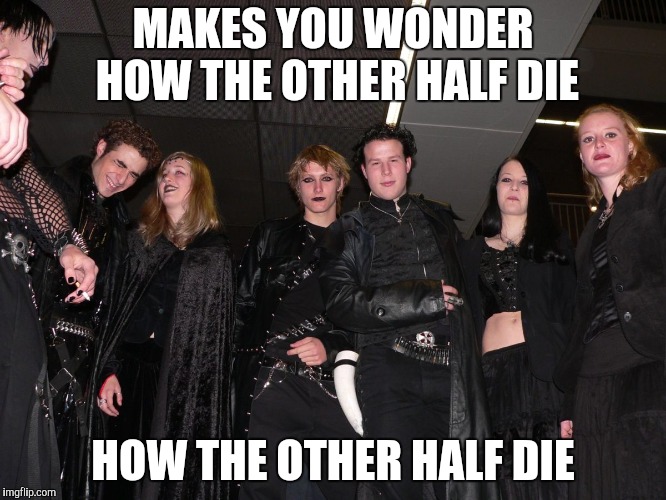 Goth People | MAKES YOU WONDER HOW THE OTHER HALF DIE HOW THE OTHER HALF DIE | image tagged in goth people | made w/ Imgflip meme maker