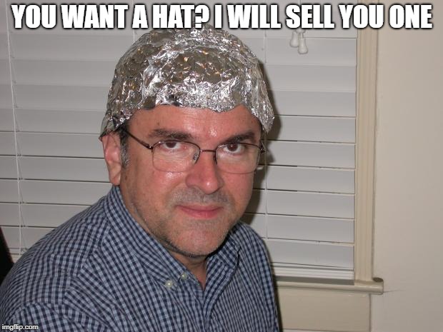 Tin foil hat | YOU WANT A HAT? I WILL SELL YOU ONE | image tagged in tin foil hat | made w/ Imgflip meme maker