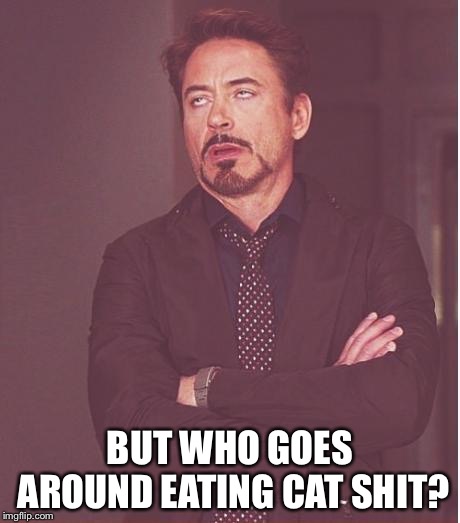 Face You Make Robert Downey Jr Meme | BUT WHO GOES AROUND EATING CAT SHIT? | image tagged in memes,face you make robert downey jr | made w/ Imgflip meme maker