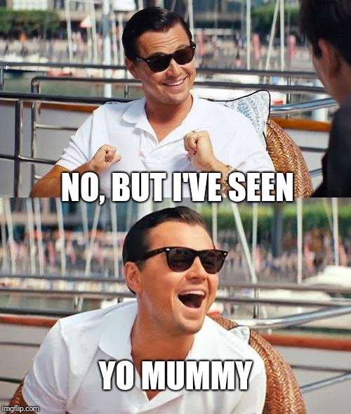 Leonardo Dicaprio Wolf Of Wall Street Meme | NO, BUT I'VE SEEN YO MUMMY | image tagged in memes,leonardo dicaprio wolf of wall street | made w/ Imgflip meme maker