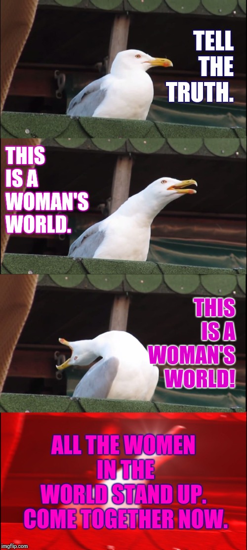 Dark Lady Laughed And Danced And Lit The Candles One By One. | TELL THE TRUTH. THIS IS A WOMAN'S WORLD. THIS IS A WOMAN'S WORLD! ALL THE WOMEN IN THE WORLD
STAND UP.  COME TOGETHER NOW. | image tagged in memes,inhaling seagull,cher,gender equality,equality,meme | made w/ Imgflip meme maker