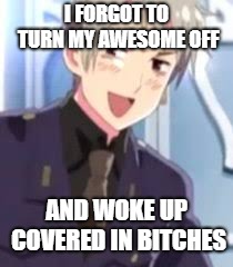 All Hail Prussia | I FORGOT TO TURN MY AWESOME OFF AND WOKE UP COVERED IN B**CHES | image tagged in hetalia,awesome,prussia | made w/ Imgflip meme maker