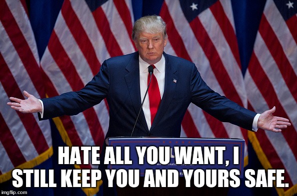 Donald Trump has your back, even when you hate it | HATE ALL YOU WANT, I STILL KEEP YOU AND YOURS SAFE. | image tagged in donald trump,stop the hate,maga,president | made w/ Imgflip meme maker