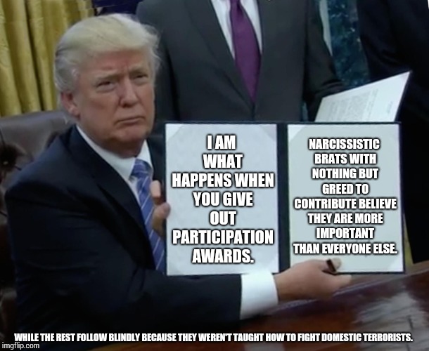 Who They Become When You Hand Out Participation Awards Instead Of Demanding Honor And Diligence. | I AM WHAT HAPPENS WHEN YOU GIVE OUT PARTICIPATION AWARDS. NARCISSISTIC BRATS WITH NOTHING BUT GREED TO CONTRIBUTE BELIEVE THEY ARE MORE IMPORTANT THAN EVERYONE ELSE. WHILE THE REST FOLLOW BLINDLY BECAUSE THEY WEREN'T TAUGHT HOW TO FIGHT DOMESTIC TERRORISTS. | image tagged in memes,trump bill signing,donald trump is an idiot,trump is a moron,trump is an asshole,meme | made w/ Imgflip meme maker