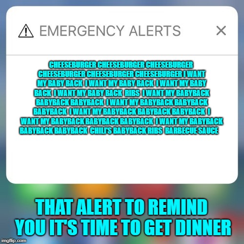 Emergency Alert | CHEESEBURGER CHEESEBURGER CHEESEBURGER CHEESEBURGER CHEESEBURGER CHEESEBURGER I WANT MY BABY BACK 
I WANT MY BABY BACK 
I WANT MY BABY BACK 
I WANT MY BABY BACK 
RIBS

I WANT MY BABYBACK BABYBACK BABYBACK 
I WANT MY BABYBACK BABYBACK BABYBACK 
I WANT MY BABYBACK BABYBACK BABYBACK 
I WANT MY BABYBACK BABYBACK BABYBACK 
I WANT MY BABYBACK BABYBACK BABYBACK

CHILI'S BABYBACK RIBS 
BARBECUE SAUCE; THAT ALERT TO REMIND YOU IT'S TIME TO GET DINNER | image tagged in emergency alert | made w/ Imgflip meme maker