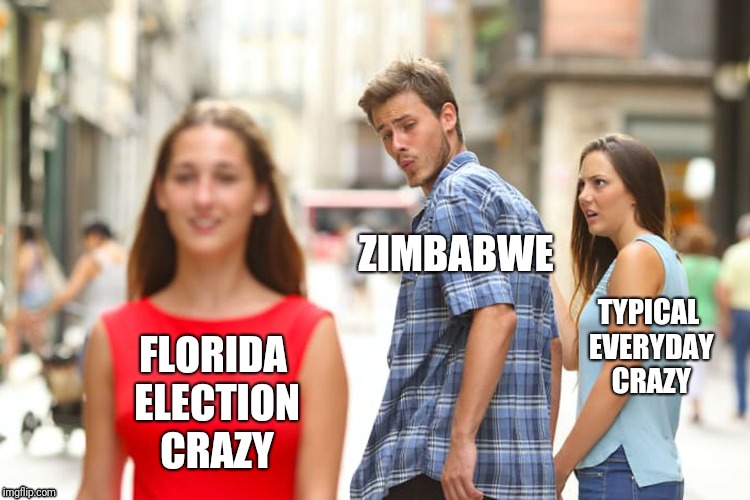 Florida Election Crazy | ZIMBABWE; TYPICAL EVERYDAY CRAZY; FLORIDA ELECTION CRAZY | image tagged in memes,distracted boyfriend,florida,zimbabwe | made w/ Imgflip meme maker