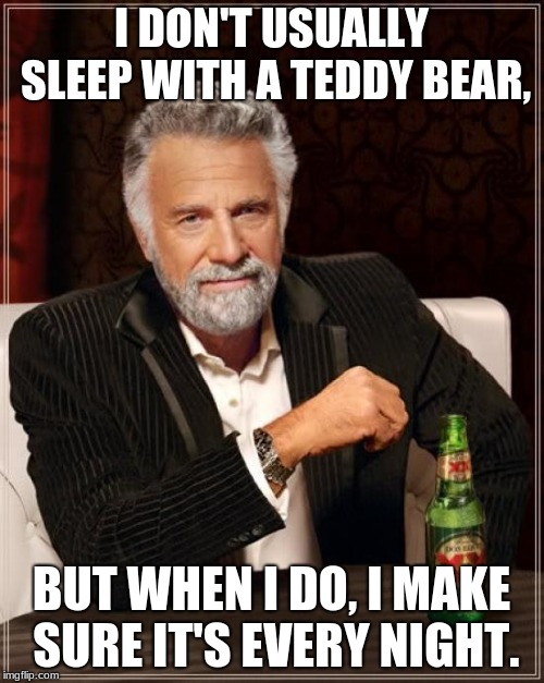 The Most Interesting Man In The World Meme | I DON'T USUALLY SLEEP WITH A TEDDY BEAR, BUT WHEN I DO, I MAKE SURE IT'S EVERY NIGHT. | image tagged in memes,the most interesting man in the world | made w/ Imgflip meme maker