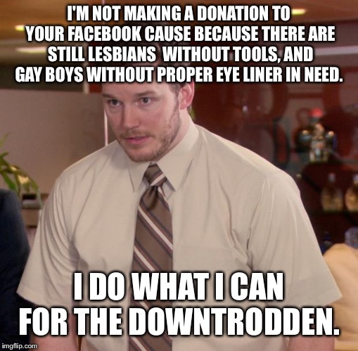 Afraid To Ask Andy | I'M NOT MAKING A DONATION TO YOUR FACEBOOK CAUSE BECAUSE THERE ARE STILL LESBIANS  WITHOUT TOOLS, AND GAY BOYS WITHOUT PROPER EYE LINER IN NEED. I DO WHAT I CAN FOR THE DOWNTRODDEN. | image tagged in memes,afraid to ask andy | made w/ Imgflip meme maker