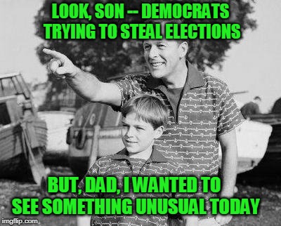Show Me Something Out of the Ordinary | LOOK, SON -- DEMOCRATS TRYING TO STEAL ELECTIONS; BUT, DAD, I WANTED TO SEE SOMETHING UNUSUAL TODAY | image tagged in democrats,midterms | made w/ Imgflip meme maker