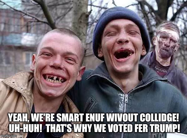 Toothless Redneck | YEAH, WE'RE SMART ENUF WIVOUT COLLIDGE! UH-HUH!  THAT'S WHY WE VOTED FER TRUMP! | image tagged in toothless redneck | made w/ Imgflip meme maker