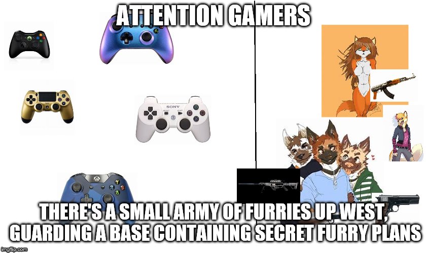 Attention gamers | ATTENTION GAMERS; THERE'S A SMALL ARMY OF FURRIES UP WEST, GUARDING A BASE CONTAINING SECRET FURRY PLANS | image tagged in furry | made w/ Imgflip meme maker