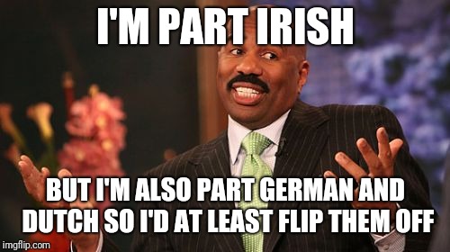 Steve Harvey Meme | I'M PART IRISH BUT I'M ALSO PART GERMAN AND DUTCH SO I'D AT LEAST FLIP THEM OFF | image tagged in memes,steve harvey | made w/ Imgflip meme maker