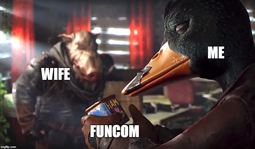 duck pig and fobidden ham | ME; WIFE; FUNCOM | image tagged in forbidden ham | made w/ Imgflip meme maker