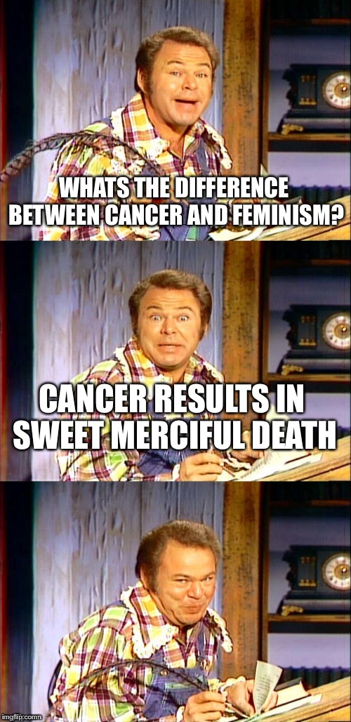 Roy Clark Puns | WHATS THE DIFFERENCE BETWEEN CANCER AND FEMINISM? CANCER RESULTS IN SWEET MERCIFUL DEATH | image tagged in roy clark puns | made w/ Imgflip meme maker