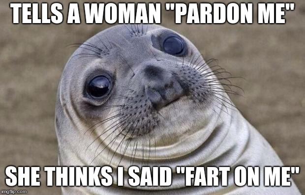 Not a true story, of course. However, have any of you ever had a similar experience? | TELLS A WOMAN "PARDON ME"; SHE THINKS I SAID "FART ON ME" | image tagged in memes,awkward moment sealion,misunderstanding,what did you say,fml | made w/ Imgflip meme maker