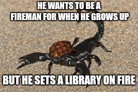 Scumbag Scorpion | HE WANTS TO BE A FIREMAN FOR WHEN HE GROWS UP; BUT HE SETS A LIBRARY ON FIRE | image tagged in scumbag scorpion | made w/ Imgflip meme maker