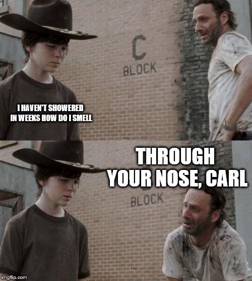 Rick and Carl | I HAVEN'T SHOWERED IN WEEKS HOW DO I SMELL; THROUGH YOUR NOSE, CARL | image tagged in memes,rick and carl | made w/ Imgflip meme maker