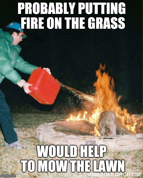 pouring gas on fire | PROBABLY PUTTING FIRE ON THE GRASS WOULD HELP TO MOW THE LAWN | image tagged in pouring gas on fire | made w/ Imgflip meme maker