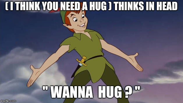 Peter Pan | ( I THINK YOU NEED A HUG ) THINKS IN HEAD; " WANNA  HUG ? " | image tagged in peter pan | made w/ Imgflip meme maker