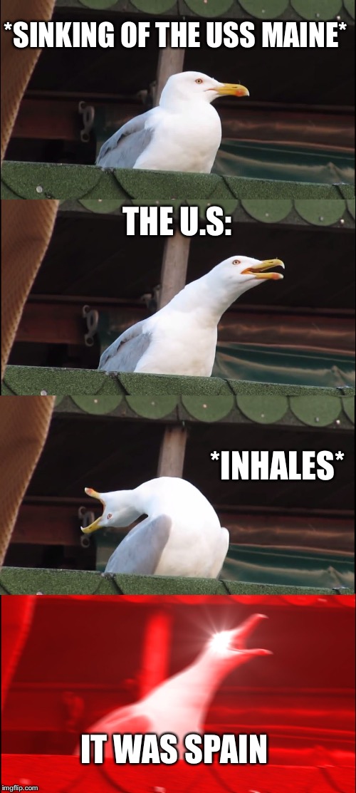 Inhaling Seagull Meme | *SINKING OF THE USS MAINE*; THE U.S:; *INHALES*; IT WAS SPAIN | image tagged in memes,inhaling seagull | made w/ Imgflip meme maker