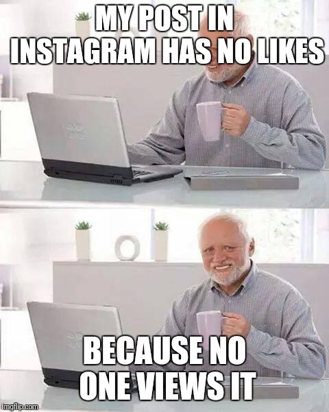 No likes | MY POST IN INSTAGRAM HAS NO LIKES; BECAUSE NO ONE VIEWS IT | image tagged in memes,hide the pain harold,instagram | made w/ Imgflip meme maker