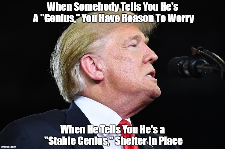 When Somebody Tells You He's A "Genius," You Have Reason To Worry When He Tells You He's a "Stable Genius," Shelter In Place | made w/ Imgflip meme maker