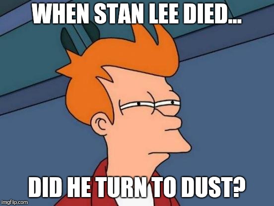 Futurama Fry Meme | WHEN STAN LEE DIED... DID HE TURN TO DUST? | image tagged in memes,futurama fry | made w/ Imgflip meme maker