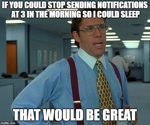 Lack of sleep | IF YOU COULD STOP SENDING NOTIFICATIONS AT 3 IN THE MORNING SO I COULD SLEEP; THAT WOULD BE GREAT | image tagged in memes,that would be great | made w/ Imgflip meme maker