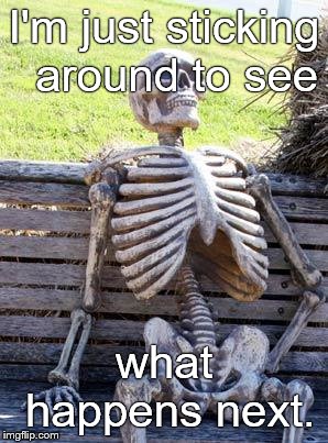 Waiting Skeleton Meme | I'm just sticking  around to see what happens next. | image tagged in memes,waiting skeleton | made w/ Imgflip meme maker