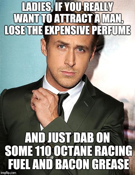 Ladies imma help you out, try it you might be surprised!  | LADIES, IF YOU REALLY WANT TO ATTRACT A MAN, LOSE THE EXPENSIVE PERFUME; AND JUST DAB ON SOME 110 OCTANE RACING FUEL AND BACON GREASE | image tagged in ryan gosling,bacon,dating,advice,gasoline | made w/ Imgflip meme maker