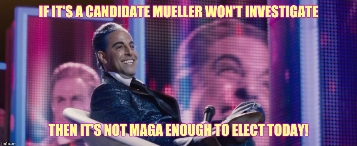 Hunger Games - Caesar Flickerman (Stanley Tucci) | IF IT'S A CANDIDATE MUELLER WON'T INVESTIGATE THEN IT'S NOT MAGA ENOUGH TO ELECT TODAY! | image tagged in hunger games - caesar flickerman stanley tucci | made w/ Imgflip meme maker