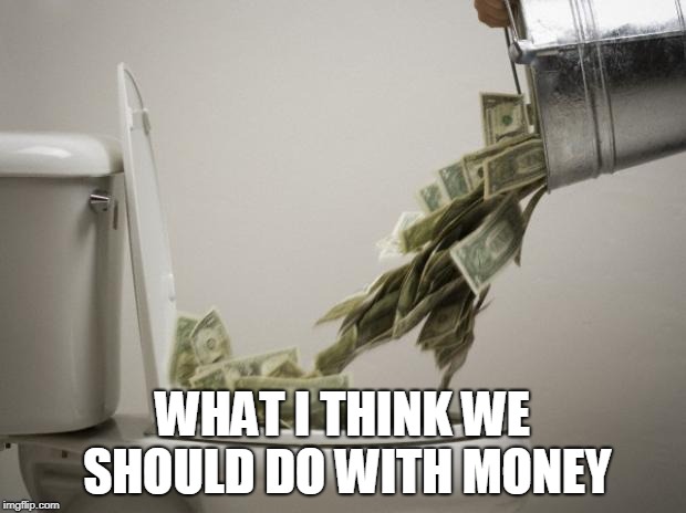 money down toilet | WHAT I THINK WE SHOULD DO WITH MONEY | image tagged in money down toilet,money,anti money,anti-money,greed,greedy | made w/ Imgflip meme maker