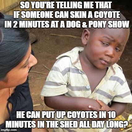 Third World Skeptical Kid Meme | SO YOU'RE TELLING ME THAT IF SOMEONE CAN SKIN A COYOTE IN 2 MINUTES AT A DOG & PONY SHOW; HE CAN PUT UP COYOTES IN 10 MINUTES IN THE SHED ALL DAY LONG? | image tagged in memes,third world skeptical kid | made w/ Imgflip meme maker