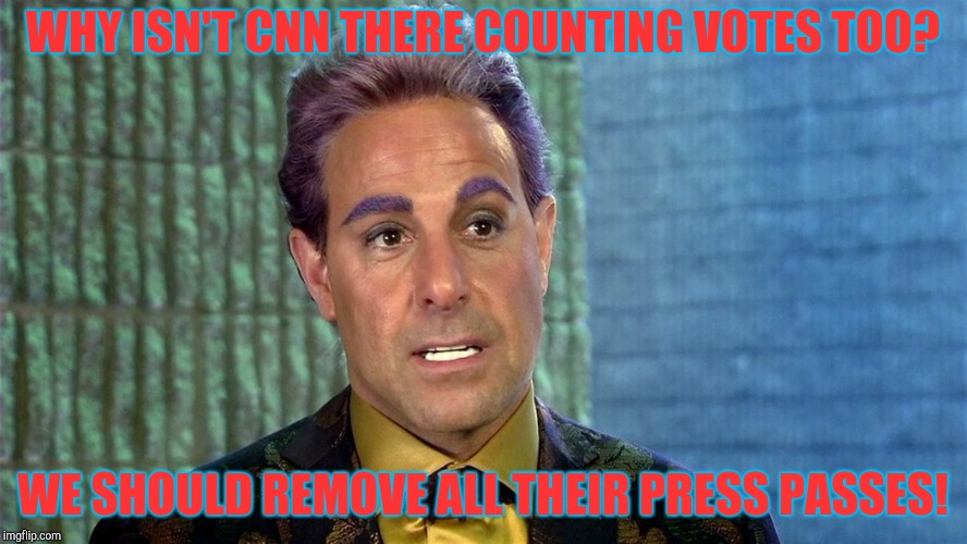 Hunger Games - Caesar Flickerman (Stanley Tucci) | WHY ISN'T CNN THERE COUNTING VOTES TOO? WE SHOULD REMOVE ALL THEIR PRESS PASSES! | image tagged in hunger games - caesar flickerman stanley tucci | made w/ Imgflip meme maker