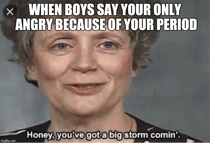 Honey, you got a big storm coming | WHEN BOYS SAY YOUR ONLY ANGRY BECAUSE OF YOUR PERIOD | image tagged in honey you got a big storm coming | made w/ Imgflip meme maker