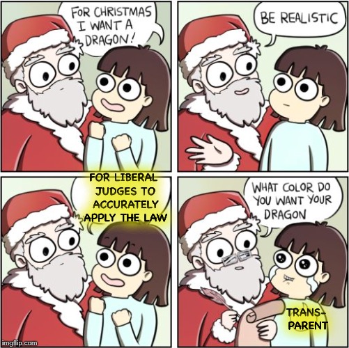 For Christmas I Want a Dragon | FOR LIBERAL JUDGES TO ACCURATELY APPLY THE LAW; TRANS- PARENT | image tagged in for christmas i want a dragon,liberal agenda | made w/ Imgflip meme maker