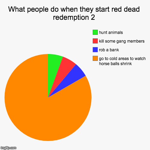red dead redemption 2 logic | What people do when they start red dead redemption 2 | go to cold areas to watch horse balls shrink, rob a bank, kill some gang members, hun | image tagged in funny,pie charts,memes,gaming,gamer | made w/ Imgflip chart maker