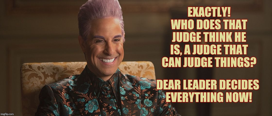 Hunger Games - Caesar Flickerman (Stanley Tucci) "This is great! | EXACTLY! WHO DOES THAT JUDGE THINK HE IS, A JUDGE THAT CAN JUDGE THINGS? DEAR LEADER DECIDES   EVERYTHING NOW! | image tagged in hunger games - caesar flickerman stanley tucci this is great | made w/ Imgflip meme maker