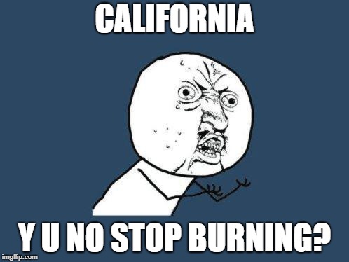 Too soon? | CALIFORNIA; Y U NO STOP BURNING? | image tagged in why you no | made w/ Imgflip meme maker