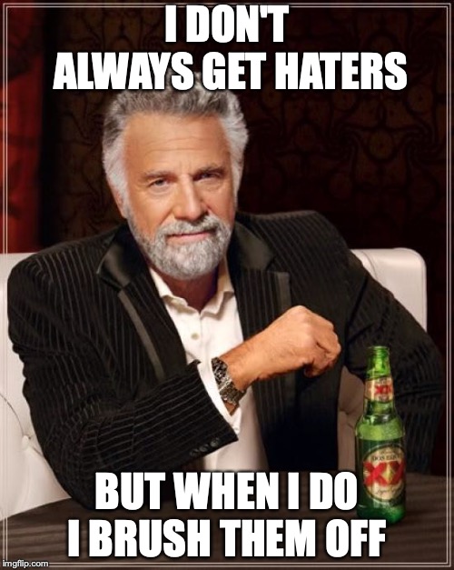 The Most Interesting Man In The World | I DON'T ALWAYS GET HATERS; BUT WHEN I DO I BRUSH THEM OFF | image tagged in memes,the most interesting man in the world | made w/ Imgflip meme maker