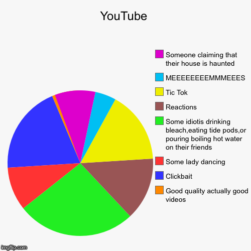 YouTube | Good quality actually good videos, Clickbait, Some lady dancing, Some idiotis drinking bleach,eating tide pods,or pouring boiling  | image tagged in funny,pie charts | made w/ Imgflip chart maker