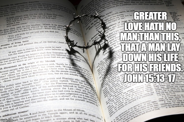 GREATER LOVE HATH NO MAN THAN THIS, THAT A MAN LAY DOWN HIS LIFE FOR HIS FRIENDS. JOHN 15:13-17 | image tagged in christian,jesus christ | made w/ Imgflip meme maker
