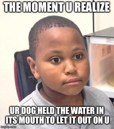 Minor Mistake Marvin Meme | THE MOMENT U REALIZE; UR DOG HELD THE WATER IN ITS MOUTH TO LET IT OUT ON U | image tagged in memes,minor mistake marvin | made w/ Imgflip meme maker